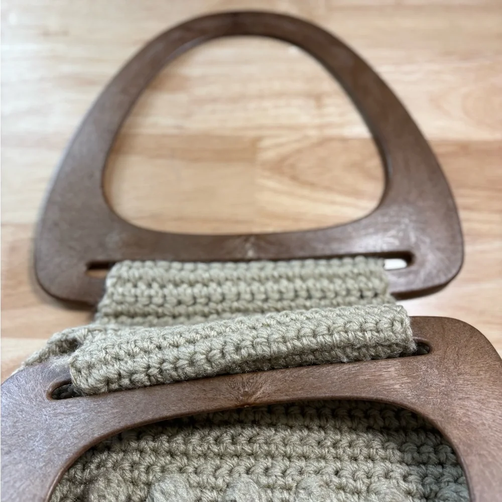 Neutral Beige Crochet Bag with Wood Handles & Balls Boho Cottagecore